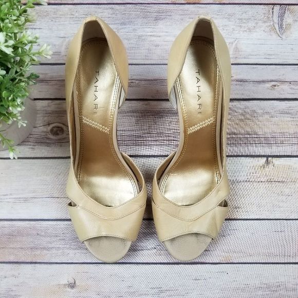 TAHARI Beige Leather High Heel Open Toe Platform - Picture 2 of 7
